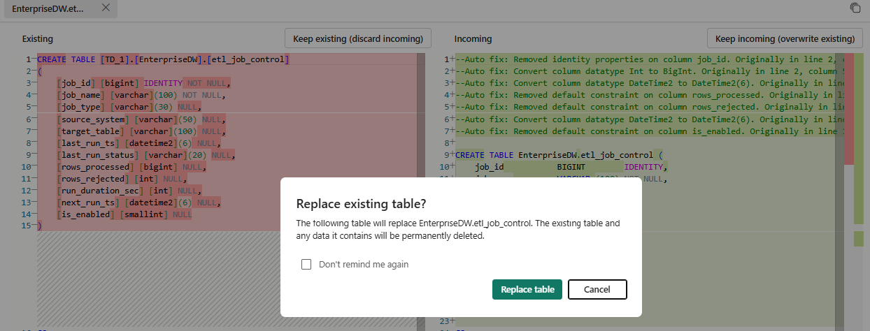 Screenshot of the confirmation dialog for replacing an existing table.