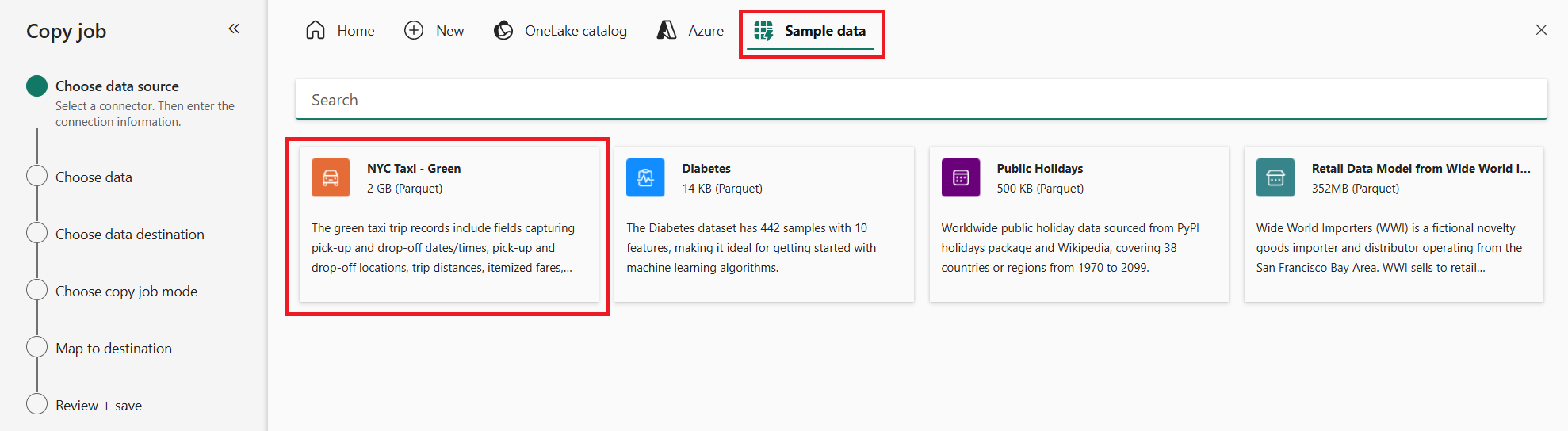 Screenshot of the Sample data tab and the NYC Taxi - Green sample data selected.