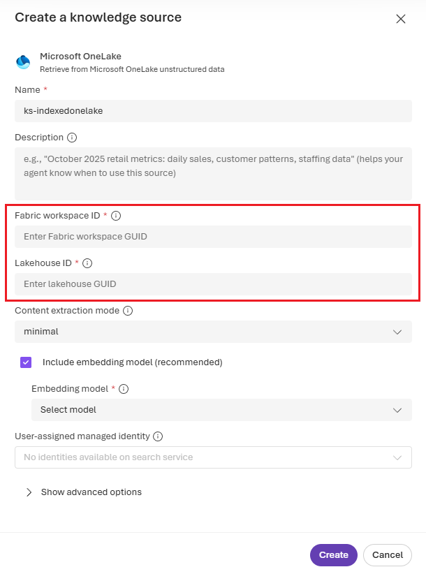 Screenshot that shows providing workspace and lakehouse IDs to create the OneLake knowledge source.