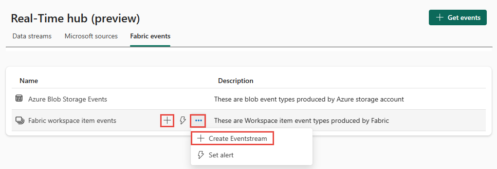 Screenshot that shows the Fabric events tab of the Real-Time hub.