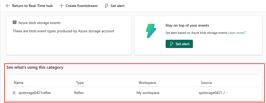 Screenshot that shows the See what is using the section of the Azure blob storage events detail page.