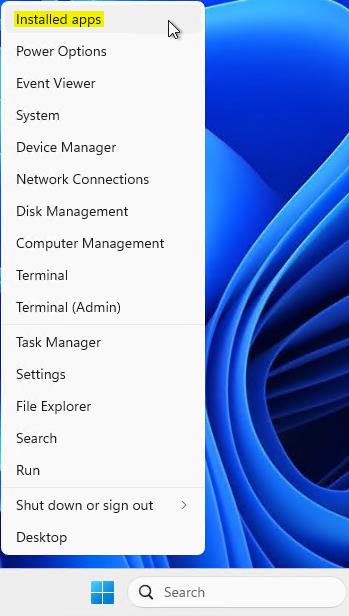 Screenshot that shows the Installed apps context menu.
