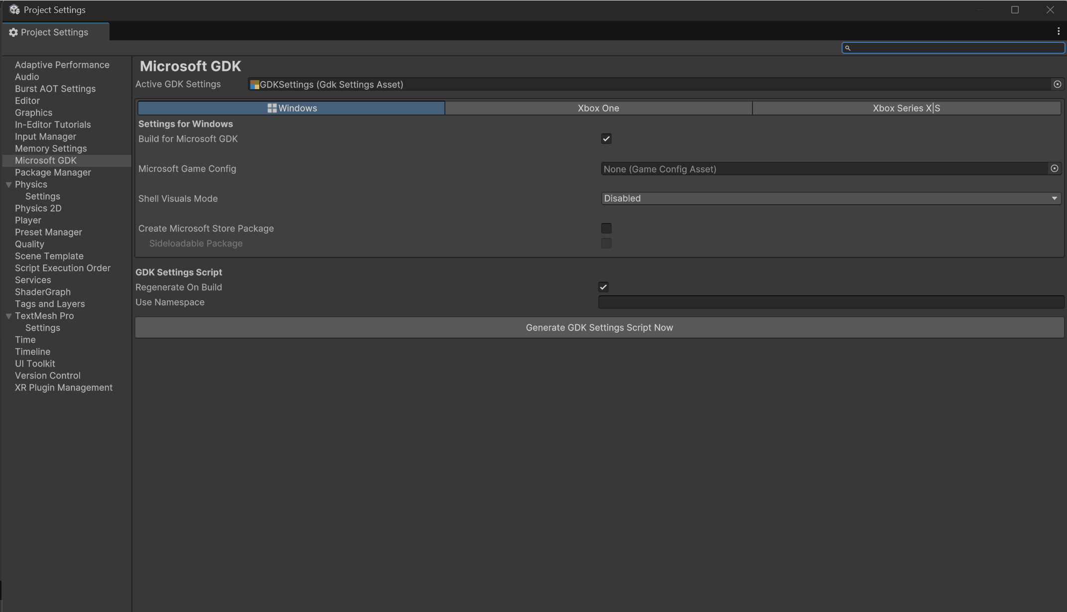 GDK Settings being created for Xbox Series X|S and Xbox One in Unity 6.