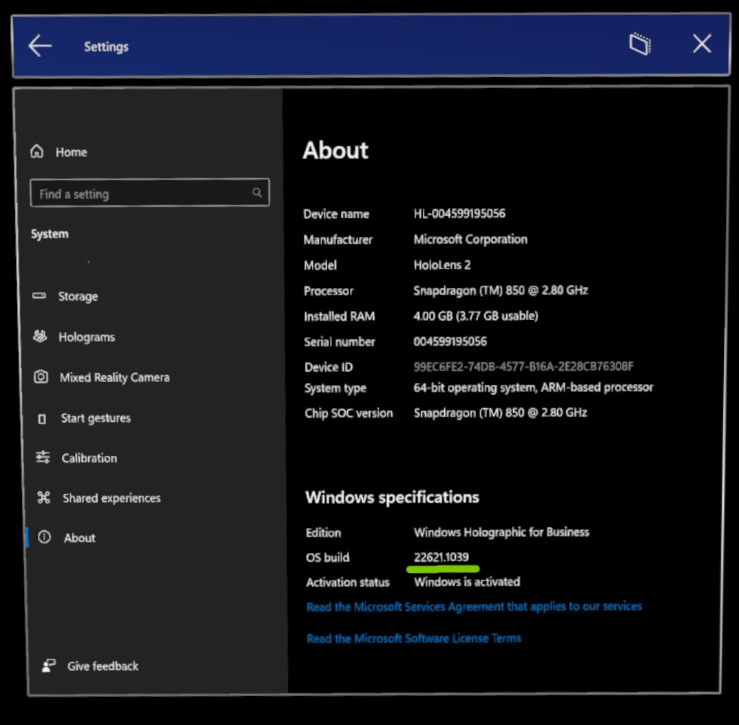 Screenshot of HoloLens version number in the Settings app.