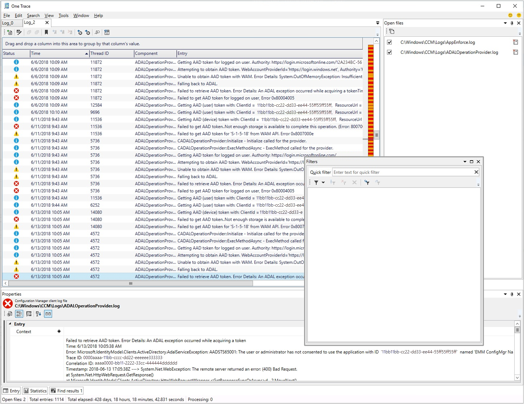Screenshot of OneTrace log viewer