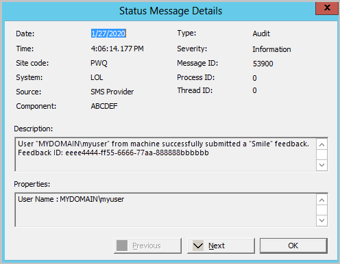 Status message for successfully submitting feedback