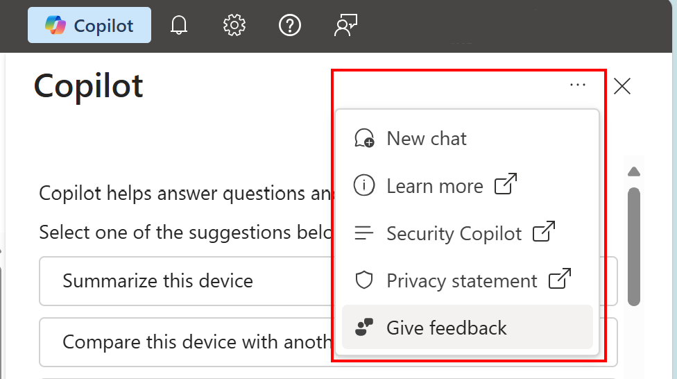 Screenshot that shows how the Azure feedback option in Microsoft Intune and Intune admin center.