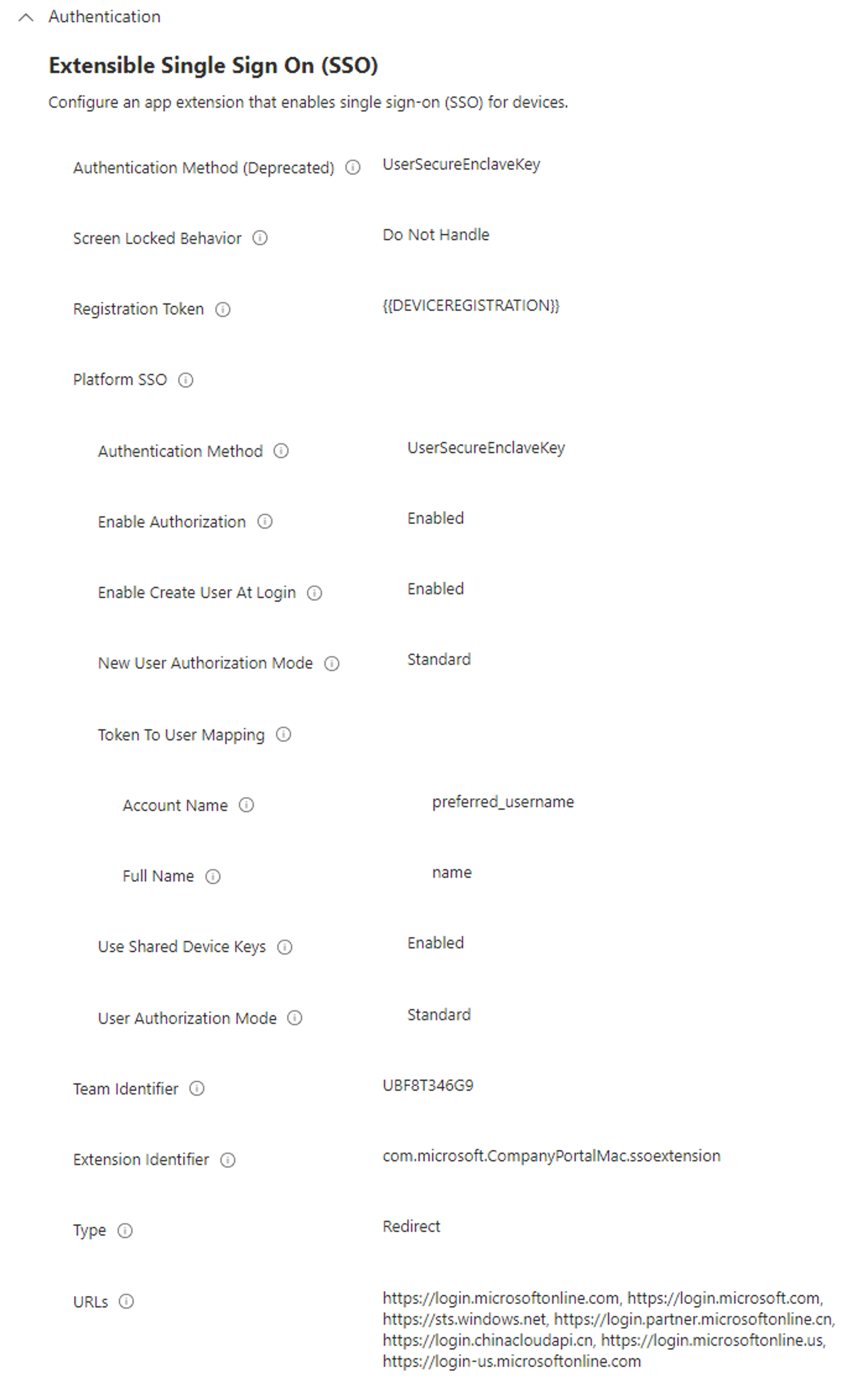 Screenshot of the recommended Platform SSO settings in an Intune MDM profile.