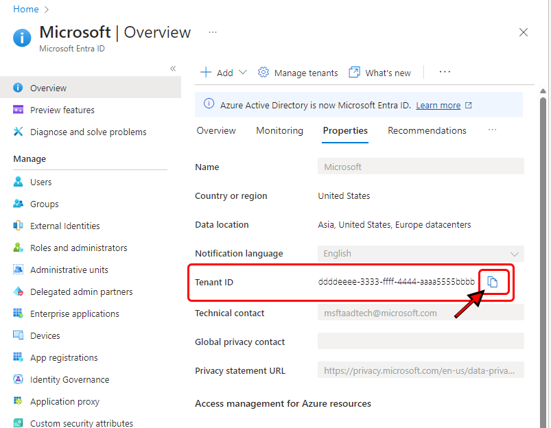 Image showing Tenant ID in the Azure portal