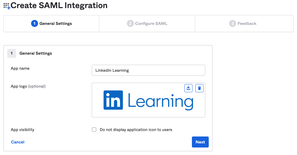 New app integration general settings.
