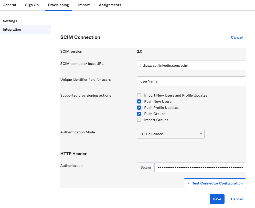 SCIM connection settings