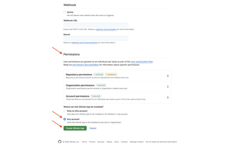 Screenshot of GitHub with Permissions, Any account, and Create GitHub App highlighted.