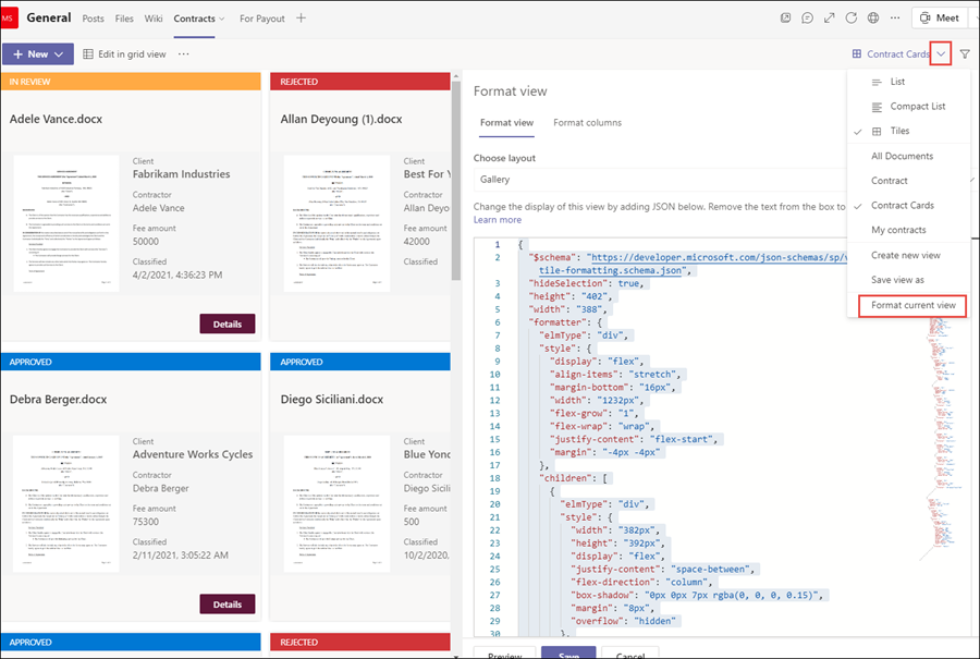 Screenshot of json format in Teams channel.