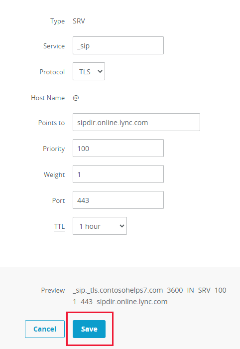 Screenshot of where you select Save to add an SRV record.