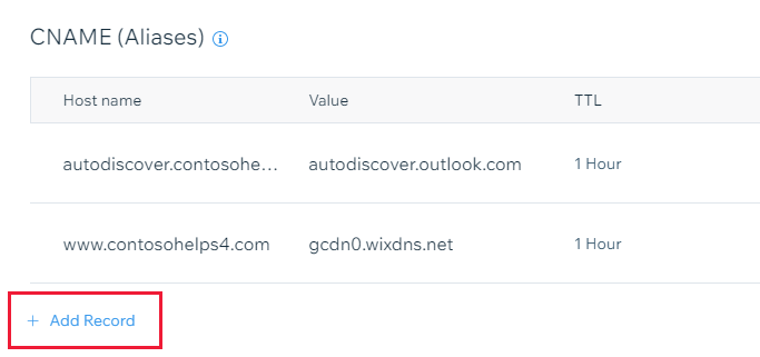 Screenshot of where you select Add a record to add a CNAME record.