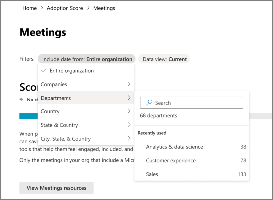 Screenshot: Filters for group-level insights in Adoption Score.