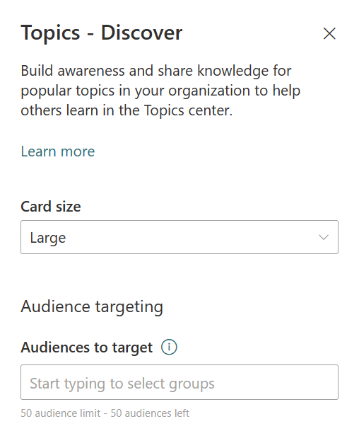 Screenshot of the Topics Discover card's edit panel.