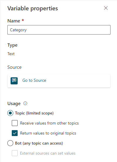 Screenshot of the authoring canvas showing the Variable properties panel with 'Return values to original topic' selected.