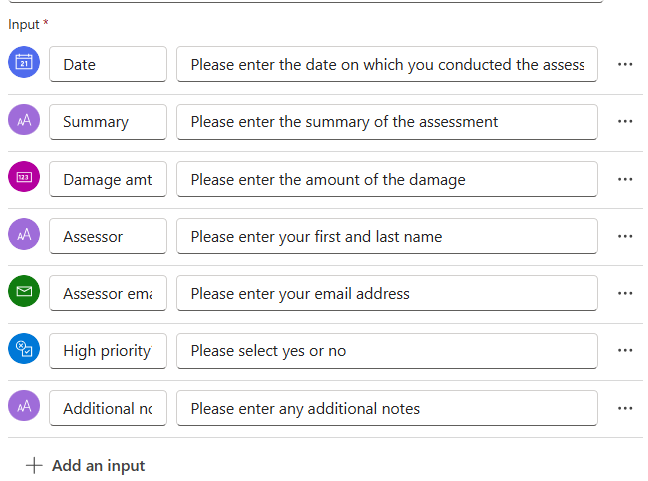 Screenshot of agent flow designer inputs.