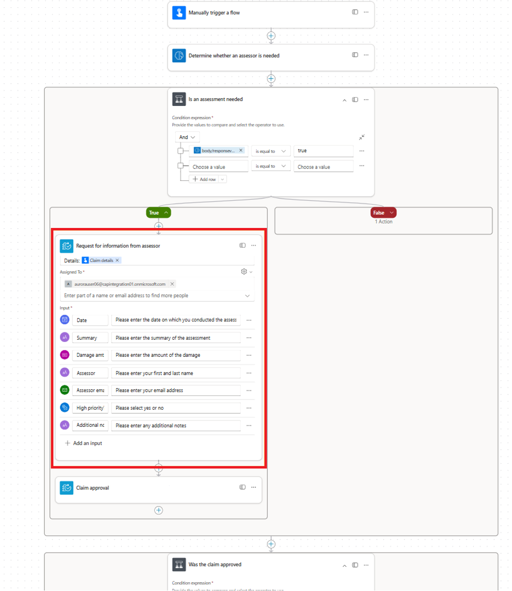 Screenshot of a claim approval flow with Request information action highlighted.