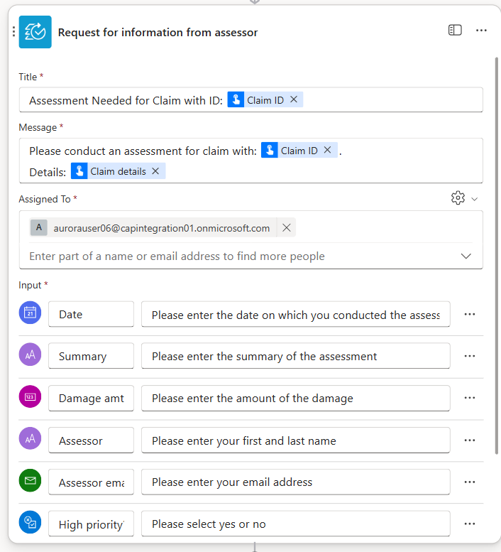 Screenshot of a fully configured Request information action in Copilot Studio.