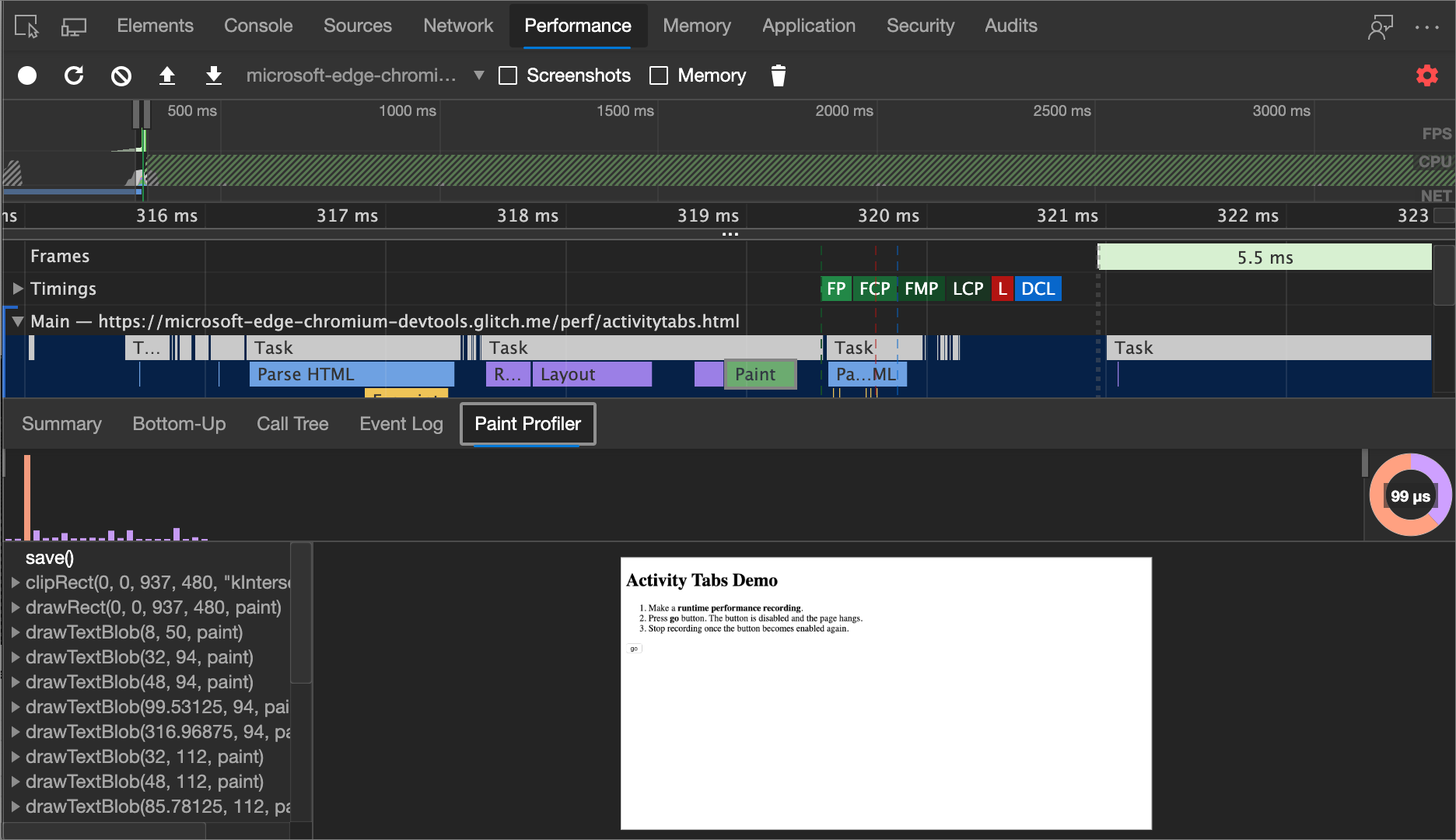 The Paint Profiler tab