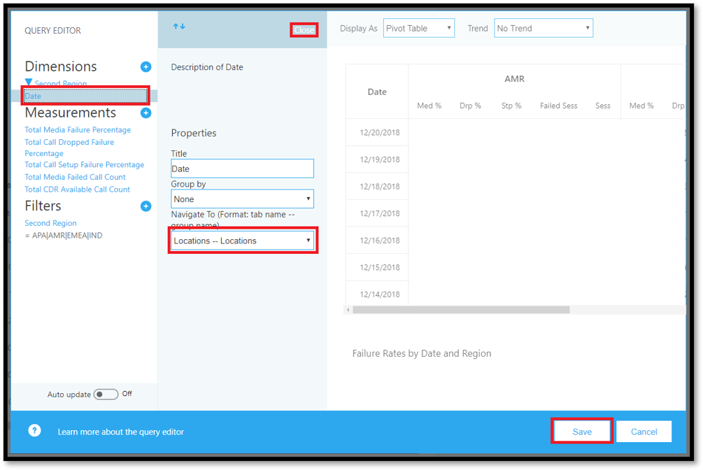 Screenshot of selecting a dimension in the Query Editor.