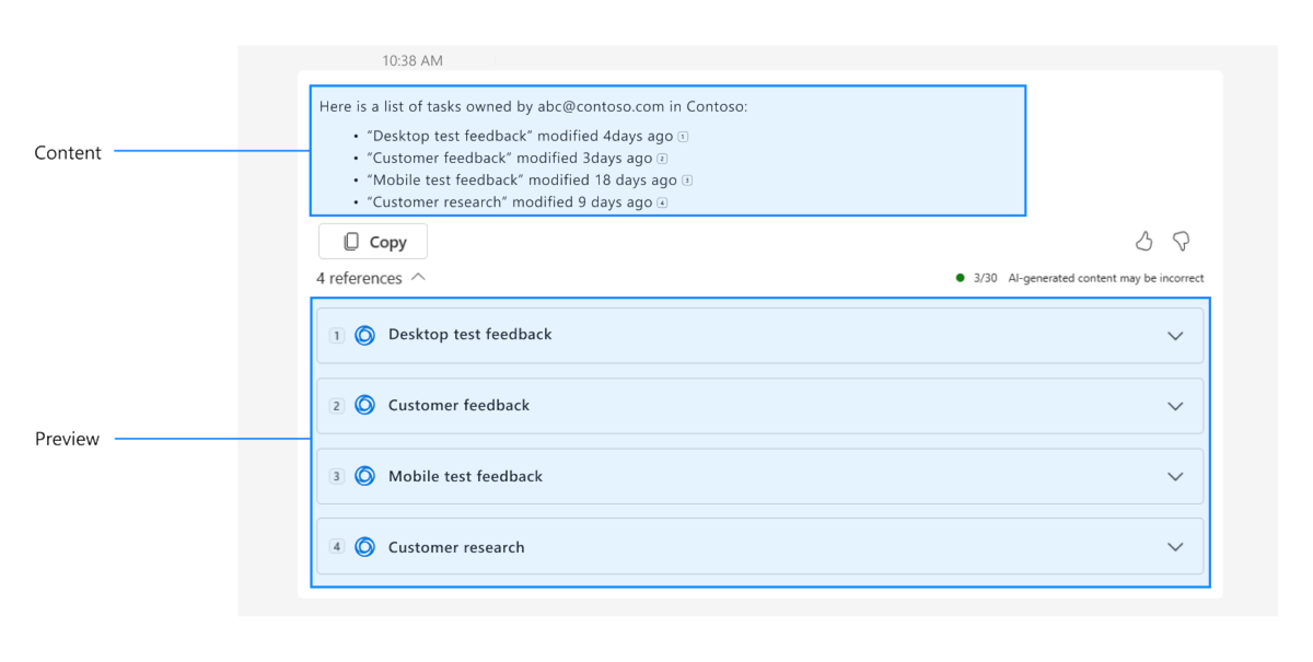 Screenshot shows an example of a sample app showing Microsoft 365 Chat app response contains Preview and Content in the same response. 