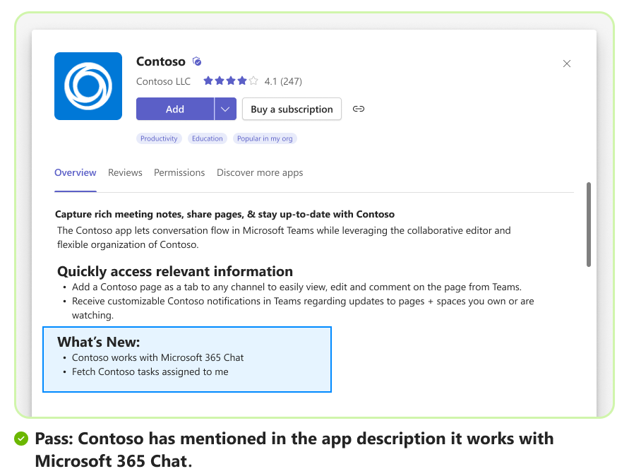 Screenshot shows a pass scenario with an example of sample prompt for message extension usage as a plugin in Copilot.