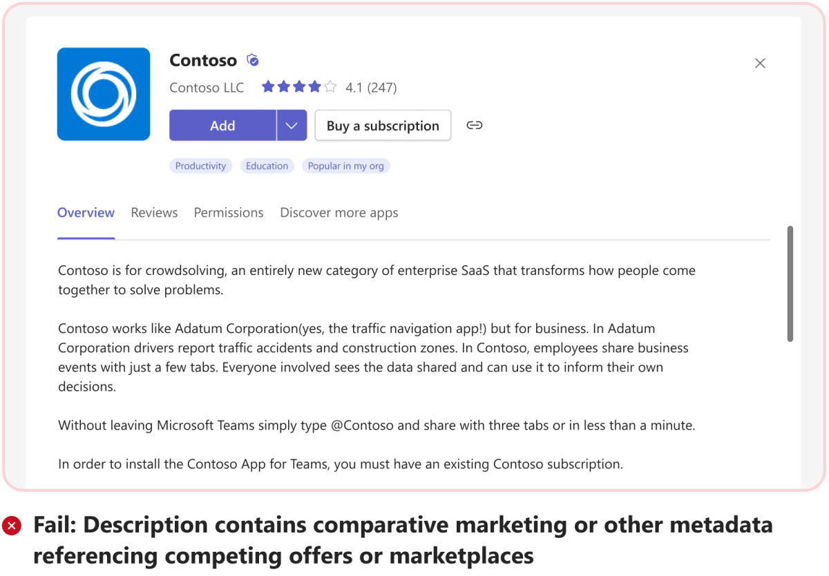 Graphic shows an example of comparative marketing information in app description.