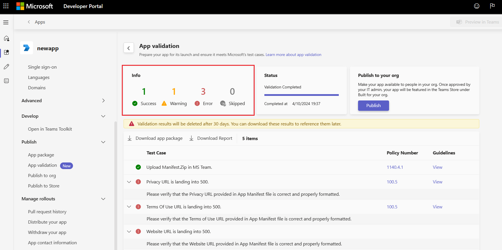 Screenshot shows you the app validation tool result.