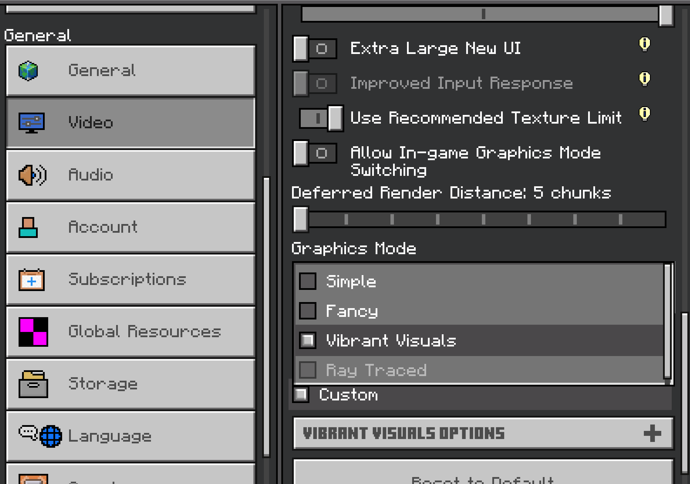 The Vibrant Visuals setting under Minecraft's Video settings page.