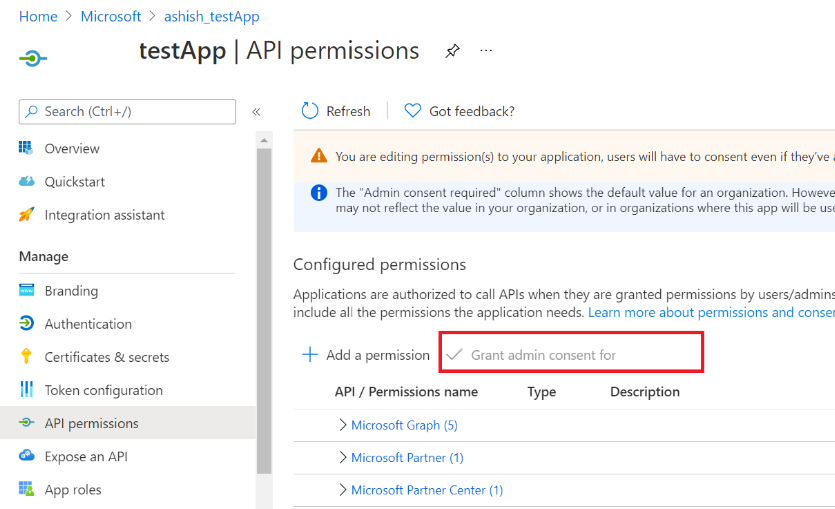 Screenshot showing the toggle for Admin Consent on the API permissions screen.