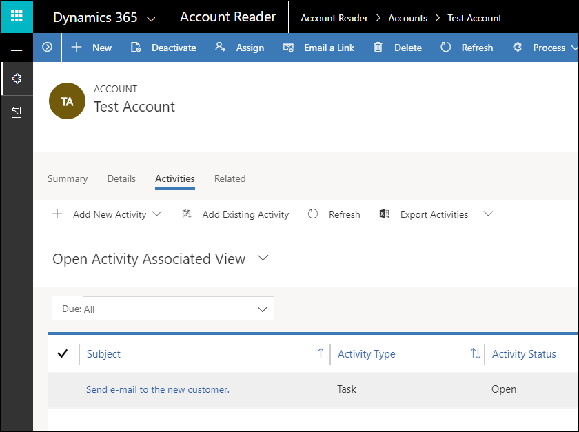 Account table record with related task activity create by plug-in.