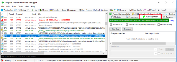 Screenshot of the Fiddler Auto Responder tab for a selected trace session.