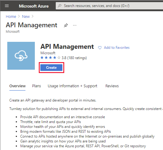 Azure Create API Management Service page.