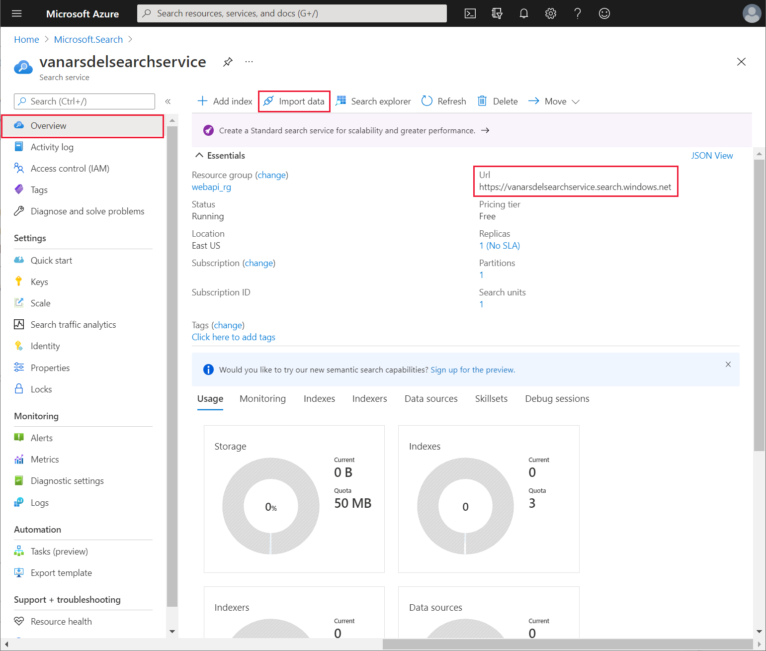 Search Service Overview page.