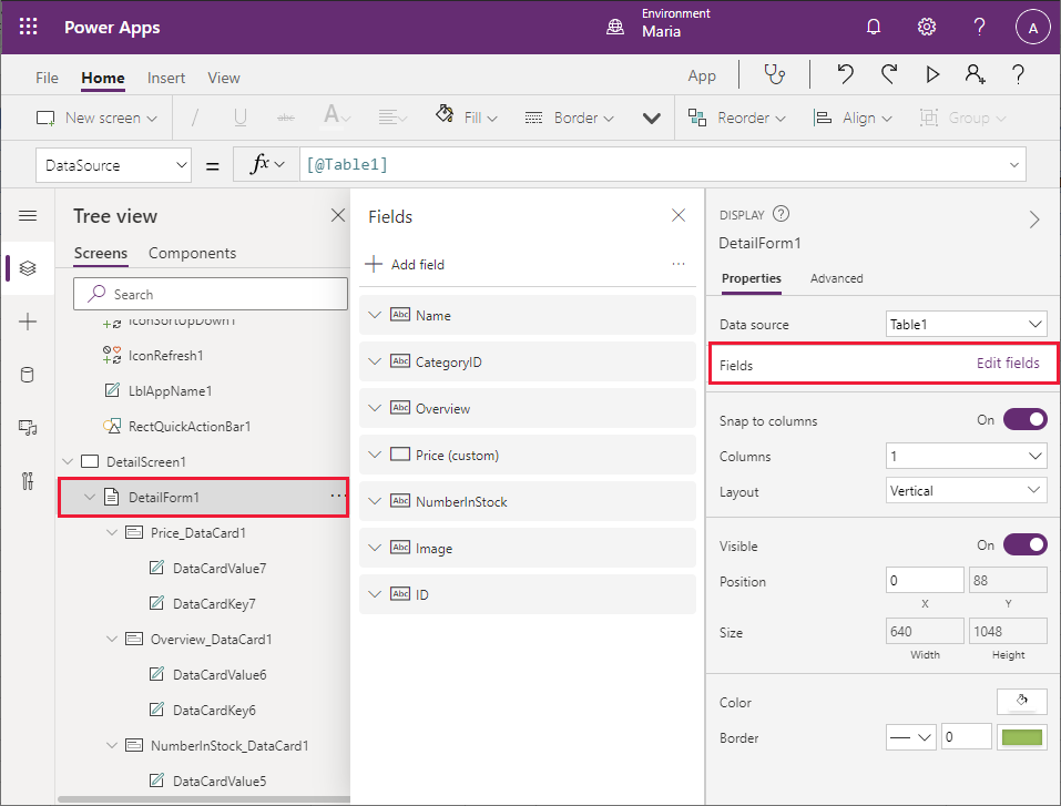 Arrange fields on the details screen.