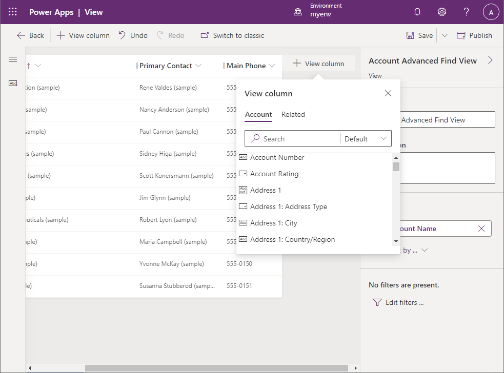 Defining a view in Dataverse.