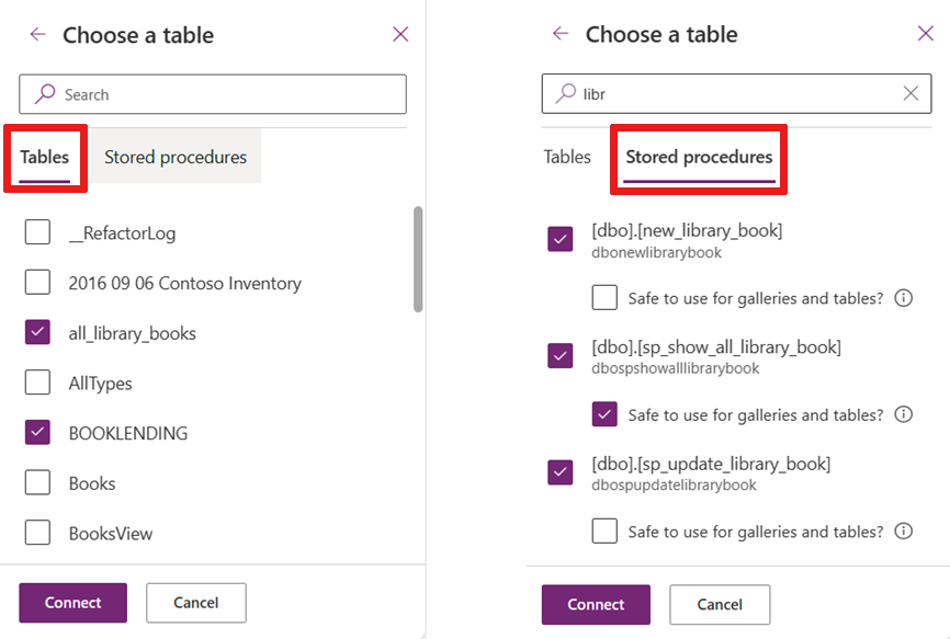 Screenshot that shows lists of tables, views, and stored procedures available to be added to your app.