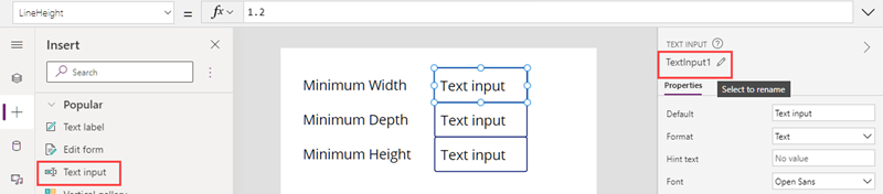 A screenshot of a text input control under construction in Microsoft Power Apps Studio, shown alongside its properties.