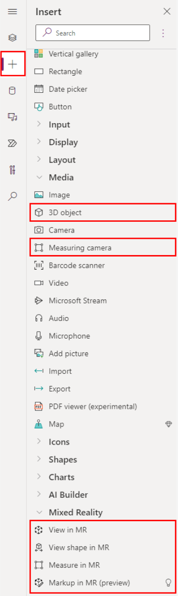 A screenshot of the Insert pane in Microsoft Power Apps Studio.