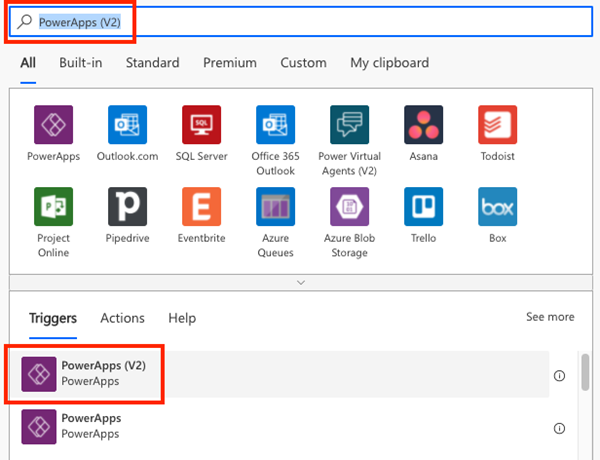 A screenshot of the Power Automate edit window, with the PowerApps (v2) trigger selected.