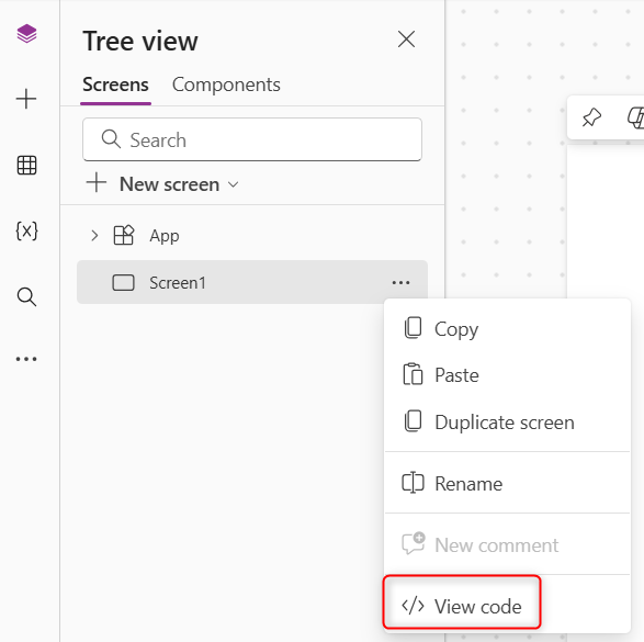 Screenshot of the tree view in Power Apps Studio, with the View code option on a control's context menu highlighted.