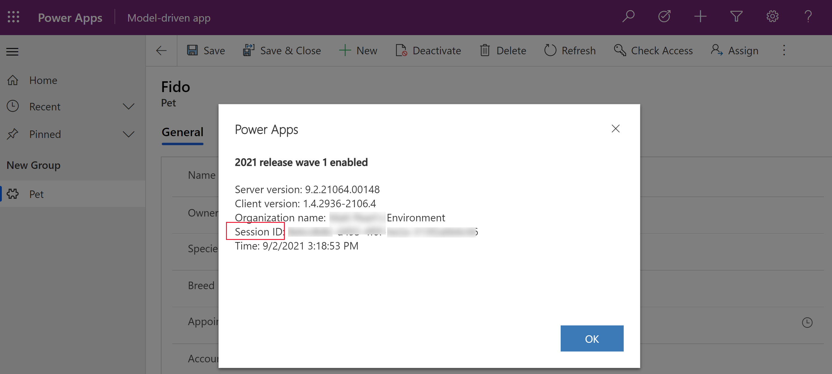 Session ID displayed with session details