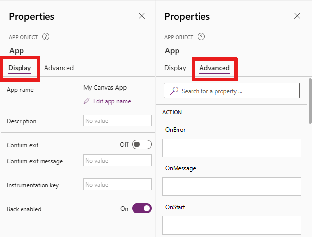 Screenshot that shows the properties pane that appears when you select an object in your canvas. Advanced properties is a tab in that same pane.