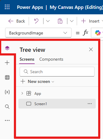 Screenshot that shows the Tree view pane when you select Tree view from the authoring menu.