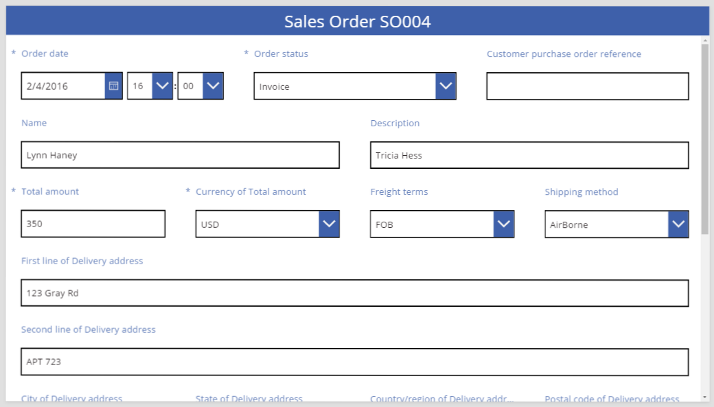 Sales order in 12-column layout with resizing.
