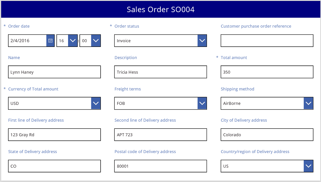 Sales order in a basic, three-column layout.