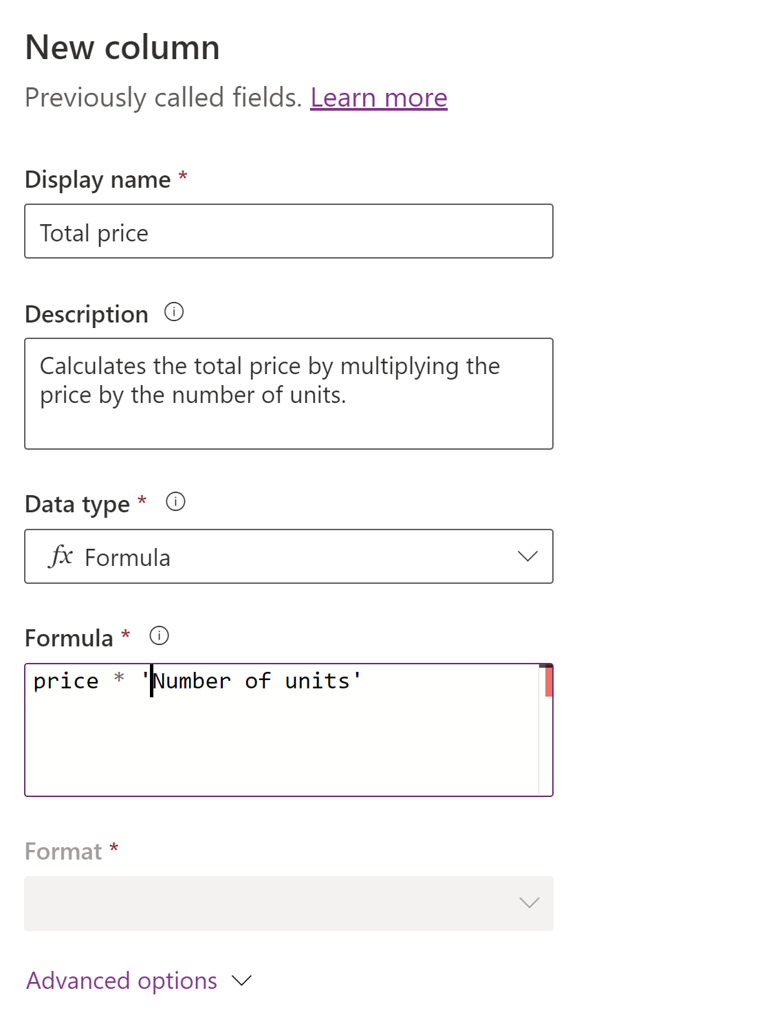 Screenshot of a formula column definition.